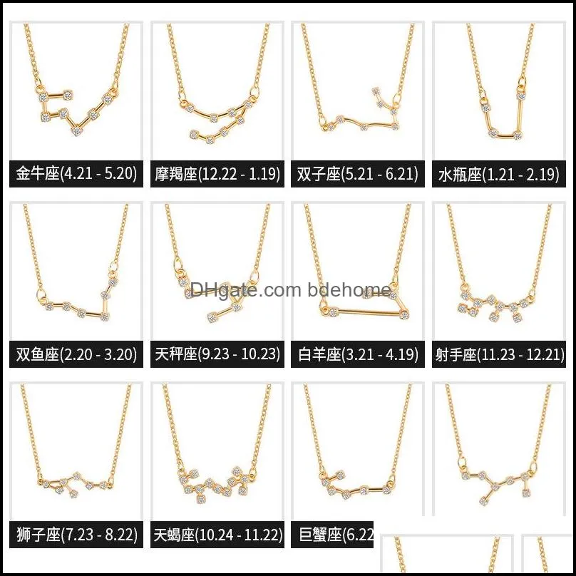 Hot 12 Zodiac Sign necklaces Korean Cubic zirconia CZ Fake diamonds constellation shape Pendant Gold Silver chains For women Jewelry