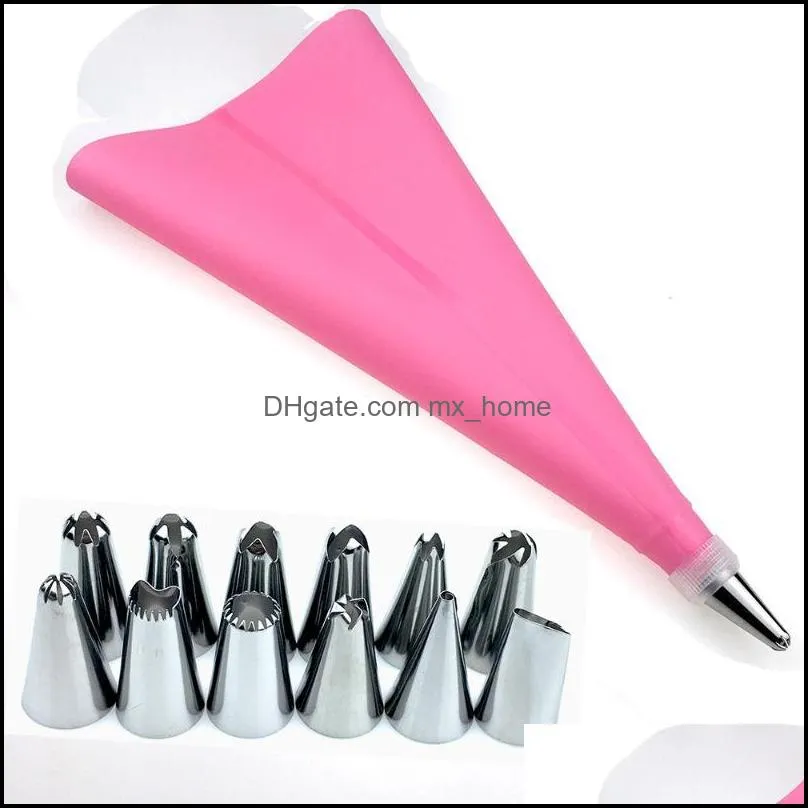 1Pc Silicone Icing Piping Cream Pastry Bag+12 Nozzles Set Cake Decorating Baking Tool with 1 Converter