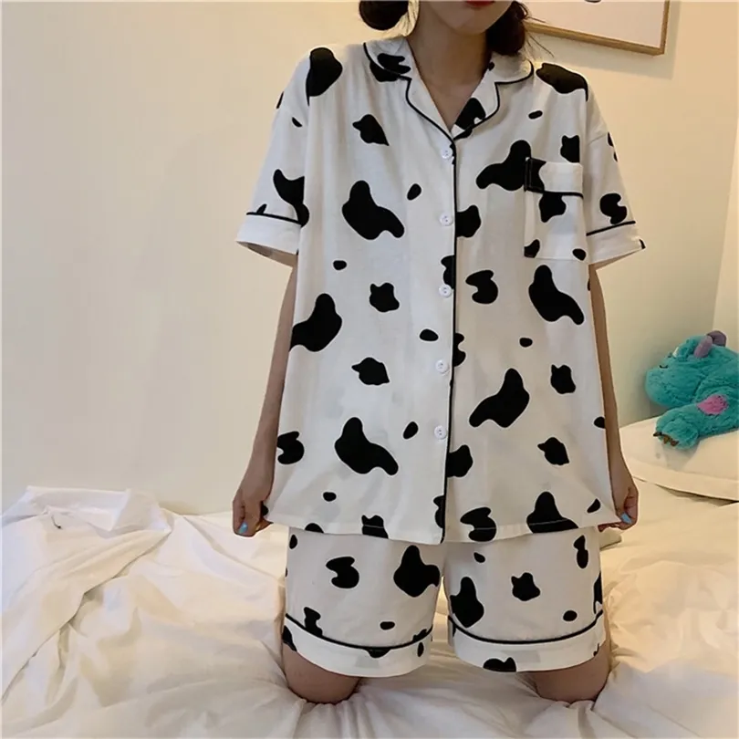 Women's Pajamas Summer Spring Milk Silk Cow Print Lapel Cardigan Short and Long Sleeve Two-Piece Sweet Casual Female's Homewear 220329