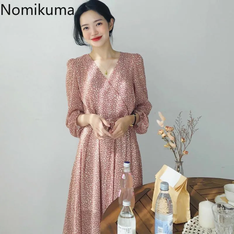 Casual Dresses Nomikuma Slim Waist Lace Up Chiffon Dress Women Floral Print V Neck Long Sleeve Vintage A Line Korean Vestidos 3a489