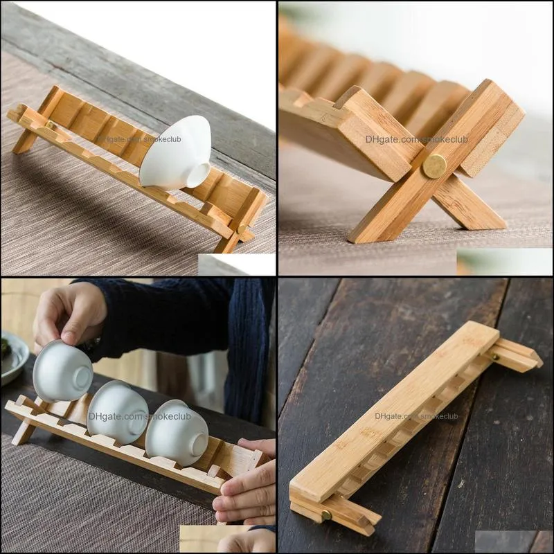 Bamboo Foldable Gongfu Tea Mug Rack & Holder Cup Shelf 6 Slots
