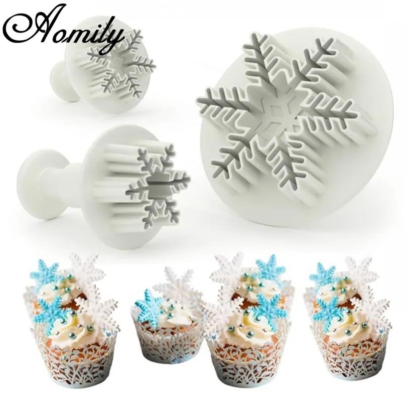 Aomily 3pcsSet Snowflake Plunger Moule Gâteau Décoration Outil Biscuit Cookie Cutters Cupcake Moule Fondant Coupe Pâtisserie Cutter 220815