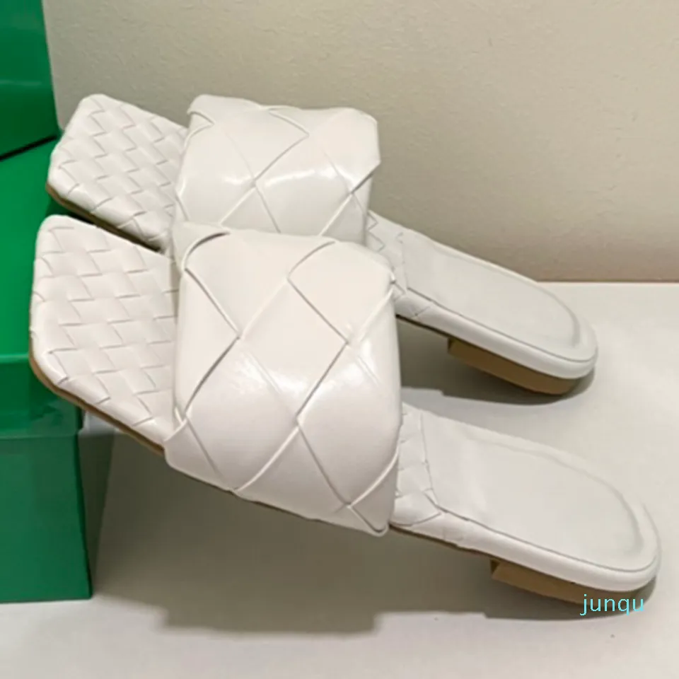 2022-designer kapcie damskie moda intreccio płaskie sandały kwadratowe palce gumowa skórzana podeszwa zewnętrzna rozmiar 35-40