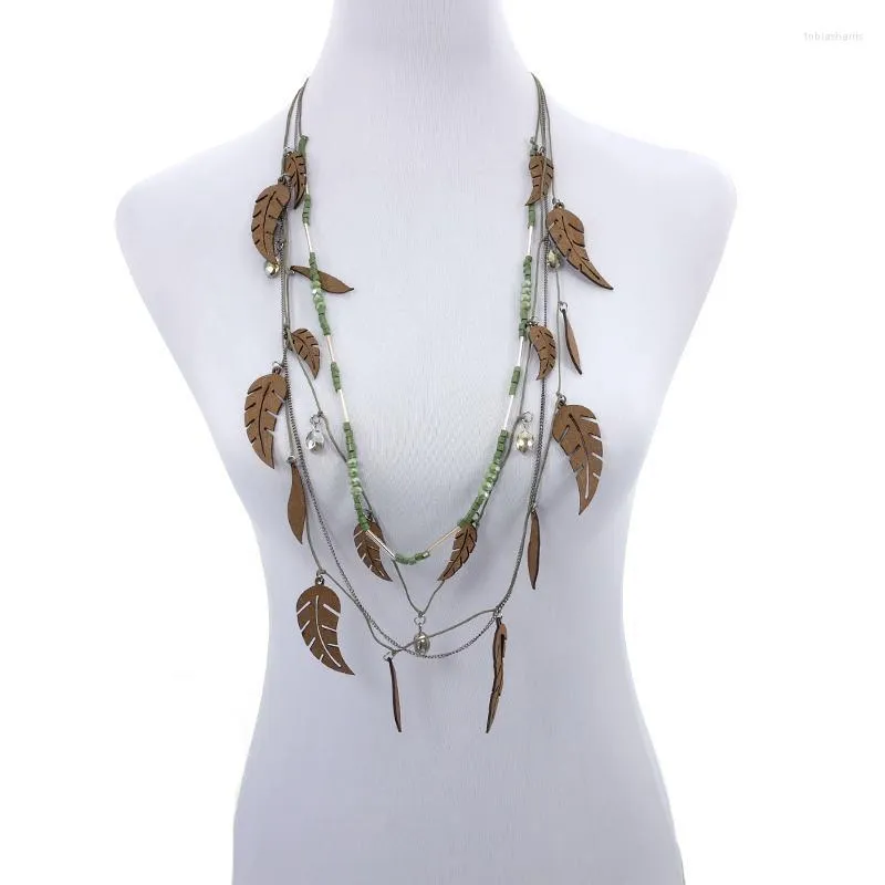 Etnische Lange Gelaagde Groene Kralen Rocailles Handgemaakte Kristal Boom Blad Ketting Mode-sieraden Voor Vrouwen Boheemse Trendy Kettingen