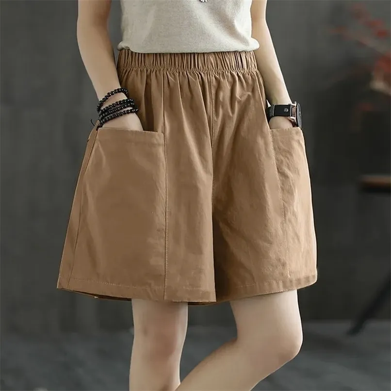 Été 7 couleur coton lin Shorts lâche décontracté court littéraire jambe large solide surdimensionné femme pantalon court 220611