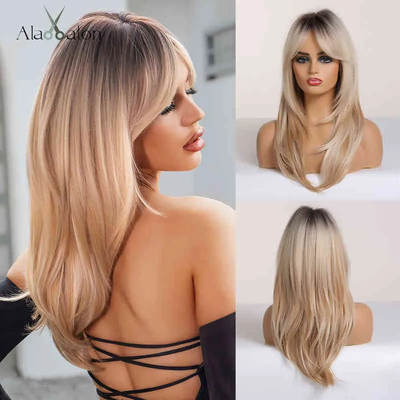 Hair Synthetic Wigs Cosplay Alan Long Straight Wigs Ombre Black Blonde Ash with Bangs Heat Resistant Synthetic for African American Women 220225