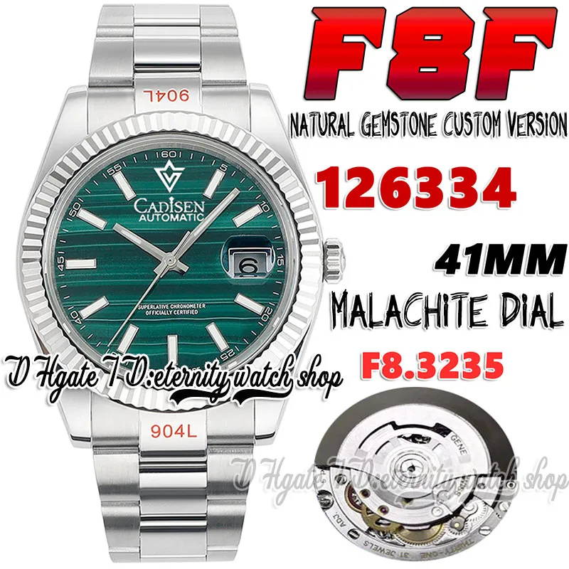 F8F F8126334 SA3235 Automatisk herrklocka 41mm Natural Malachite Dial Stick Markers 904L Oystersteel Armband Anpassad version av naturlig Gem Eternity Watches