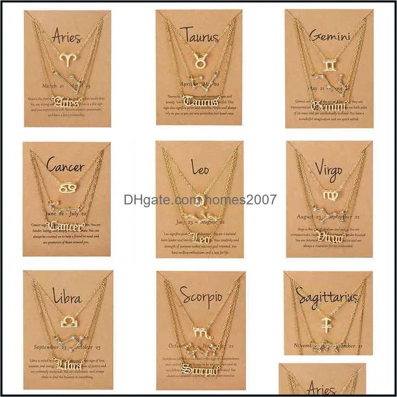Pendant Necklaes Strands 3pcs/set Cardboard Star Zodiac Sign 12 Charm Gold Necklace Aries Cancer Leo Scorpio Jewelry Gifts 220120