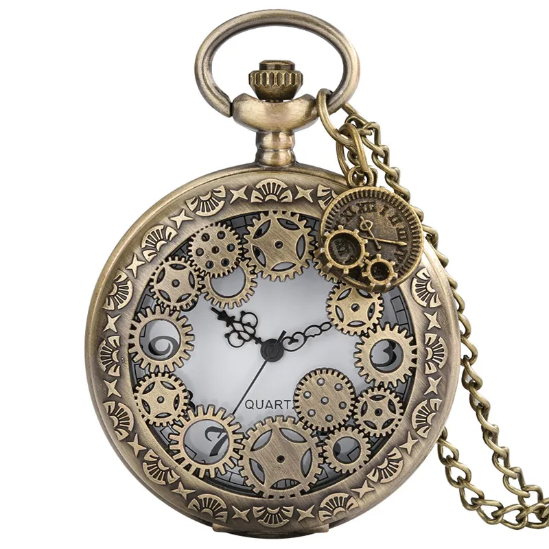Steampunk Taschenuhr, aushöhlen, Getriebeabdeckung, für Herren und Damen, Quarz, analoge Uhren, Anhänger, Gadget, Halskette, Kette, Uhr