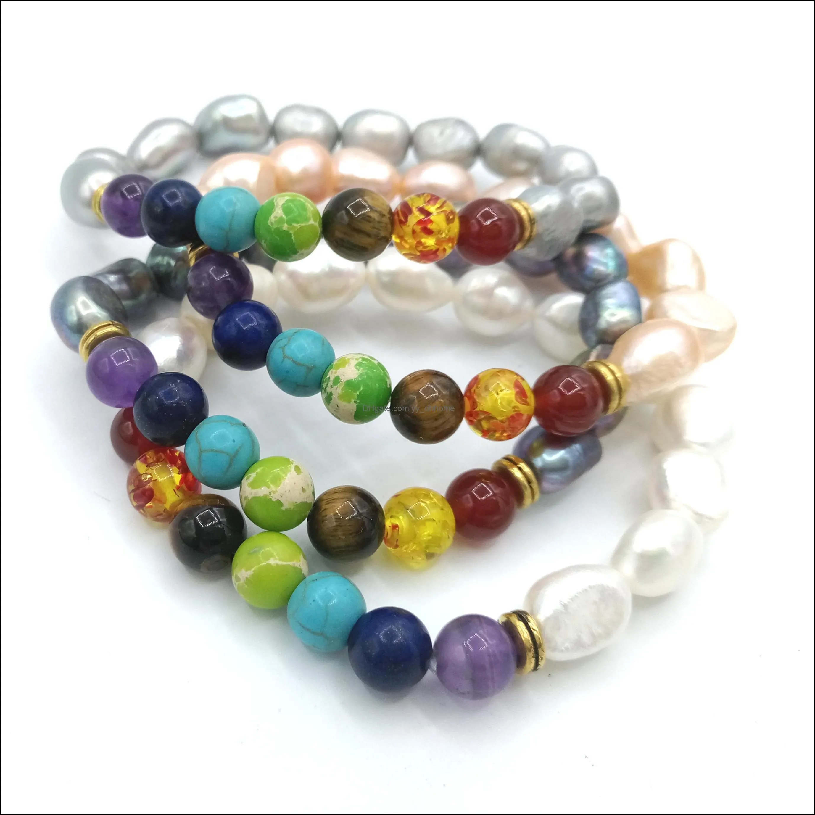 JLN Baroque Pearl Beaded Strands Bracelets Seven Chakra Freshwater Pearls Healing Stone Yoga Bracelet For Gift