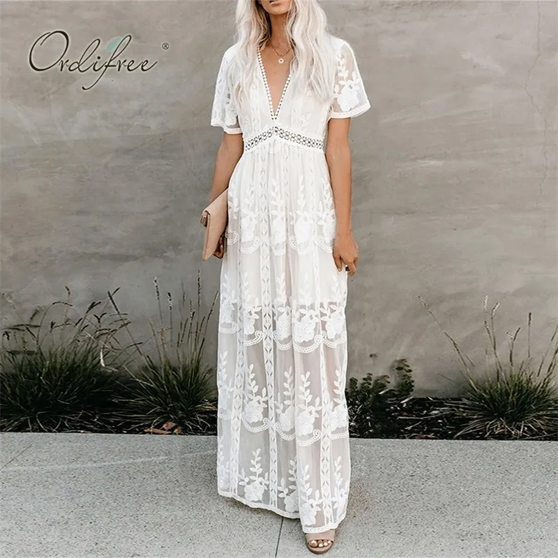 Vapten Summer Boho Women Maxi Dress Loose Brodery White Lace Long Tunic Beach Dress Semesterkläder 210303