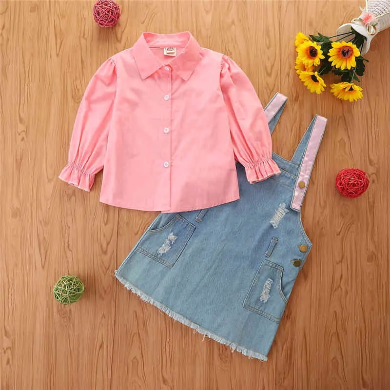 Citgeett Autumn Kids Girls Clothes Outfit Long Sleeve Elastic Blouse w/ Denim Suspender Skirt Suit Spring Set J220711