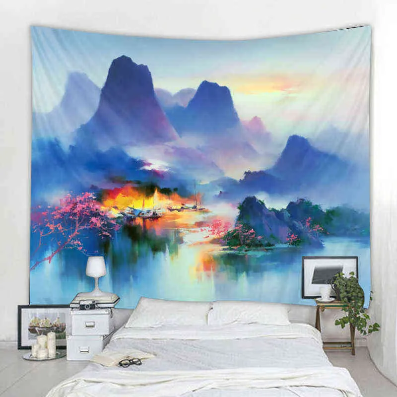 Tenda coperta artistica Casa Camera da letto Soggiorno Arredamento Arazzo stile inchiostro cinese J220804