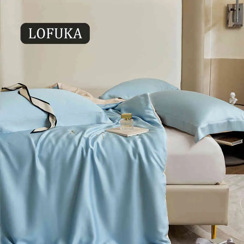 Lofuka Premium Blue Jade 100% Silk Bedding Set Ultra Soft Däcke Cover Double Queen King laken Sheet Pudow Case for Women Gift