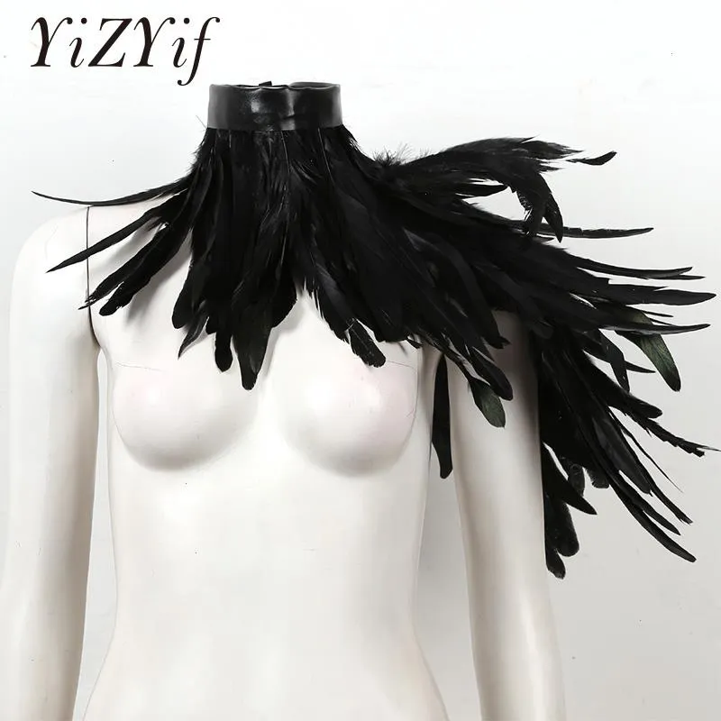 Punk gothique plumes noires foulards Cape châle une épaule haussement d'épaules ailes collier ras du cou fête Halloween Performance spectacle décoration