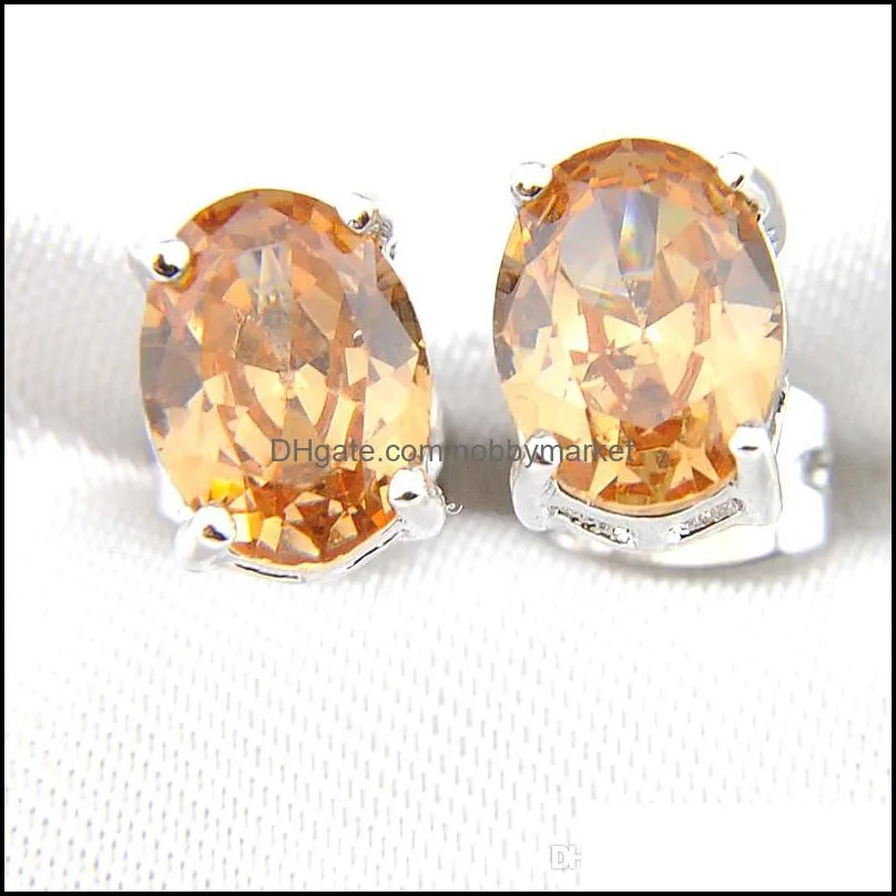 Luckyshine Gem Stone 4-Prong Oval Champagn Morganite Gemstone 925 Silver Plated For Women Men Stud Earrings Free Shipping