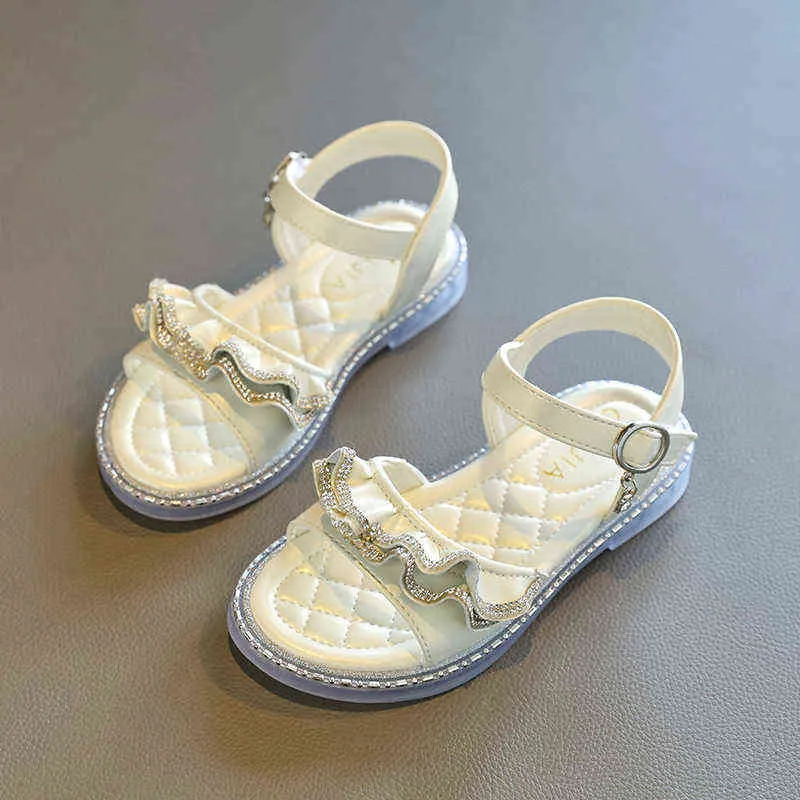 Solid Exquisite Princess Shoes Children 2022 New Summer Ruffles Rhinestones Girls Kids Fashion Sandals for Party Weddings Shows G220418