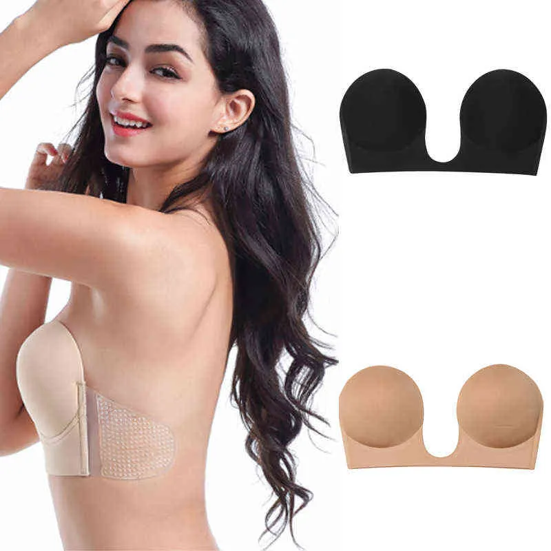 5PC donne senza spalline Bralette senza cuciture in silicone autoadesivo reggiseni appiccicosi tinta unita senza schienale push up intimo reggiseno invisibile Y220725