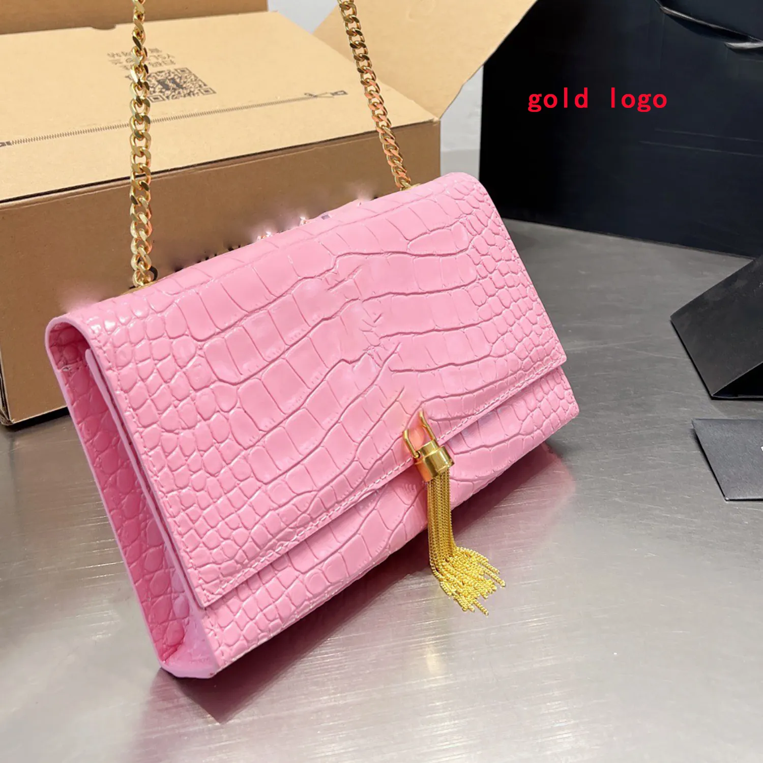 Kate Chain Bag Crocodile-Embossed Shiny Leather Tassel Small Shoulder Bag Women Crossbody Luxury Designer Handbag Purse Gift