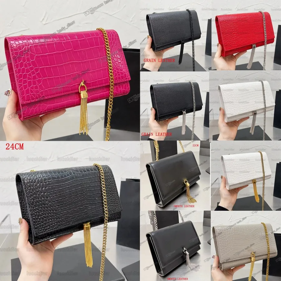 Luxurys Kate Sac à chaîne moyen avec pompon en cuir brillant gaufré de crocodile avec initiales imbriquées en métal Bandoulière amovible Bandoulière