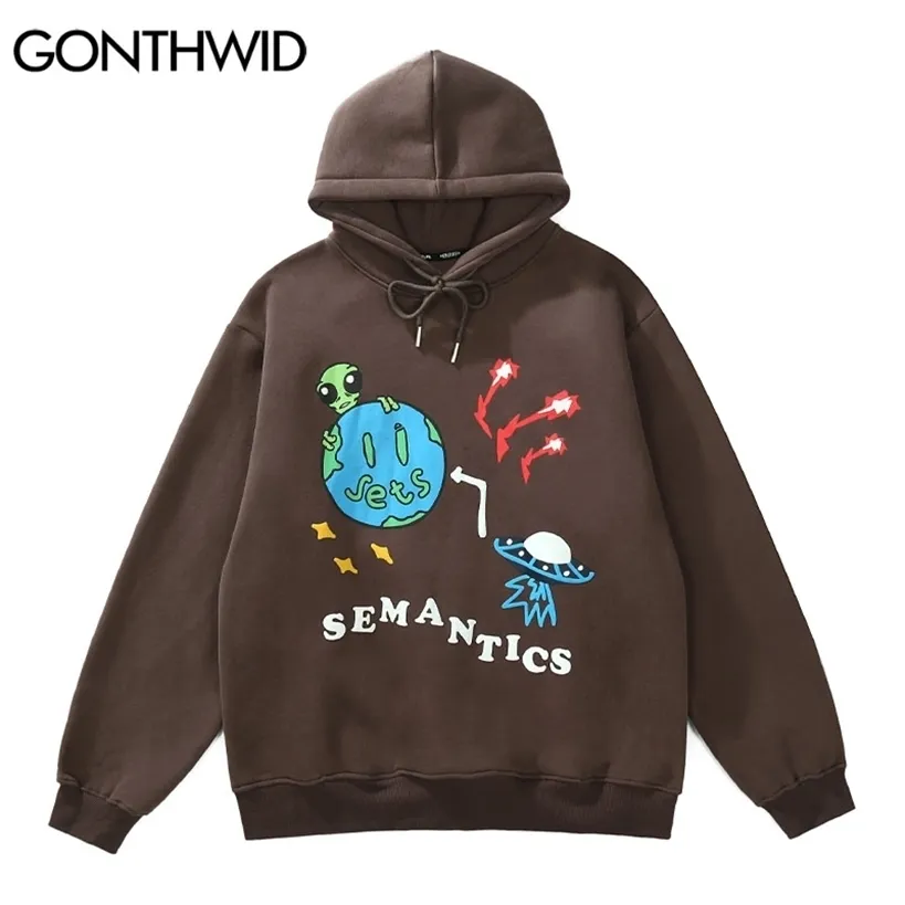 Gonthwid Hoodie Hip Hop Sweatshirt Streetwear Alien Ufo Print Hooded Men Harajuku Vinter Bomull Fleece Pullover Brown Black 220325