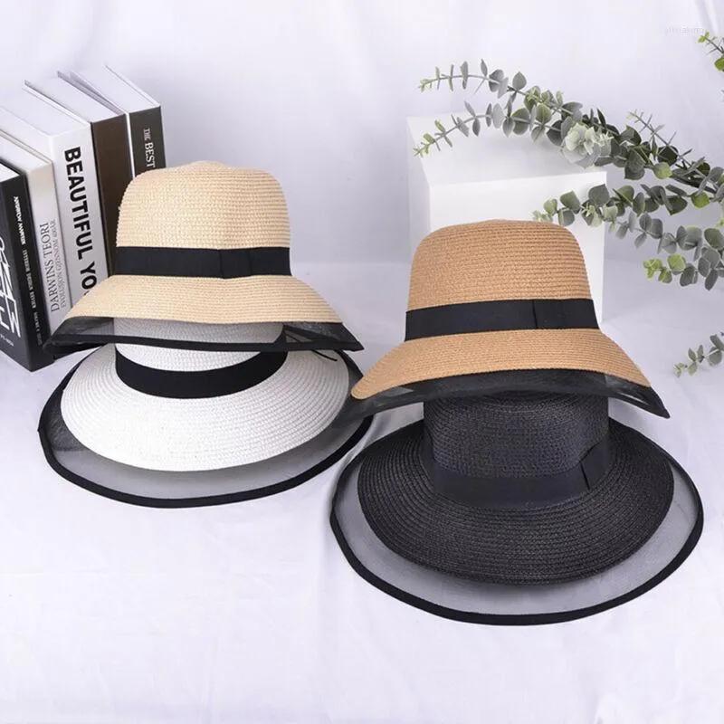 Bonnet/crâne casquettes adulte protéger chapeau pliable dames femmes été soleil plage disquette large bord ruban de paille solide 2022 Oliv22