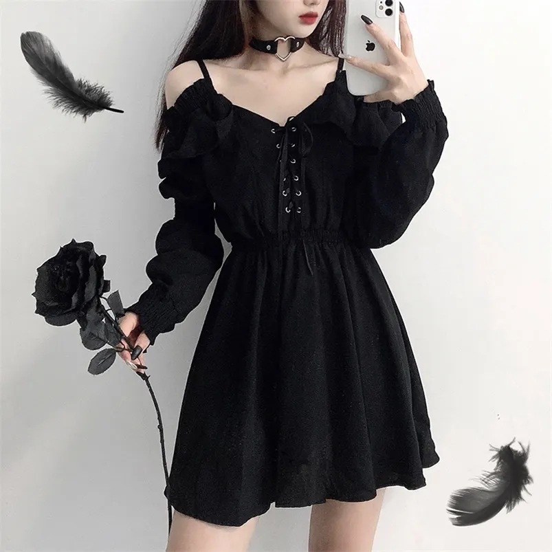 Robe à lacets pour femmes, grande taille 4XL, noire, Sexy, taille haute, épaules dénudées, manches longues, vêtements gothiques, automne, 220409