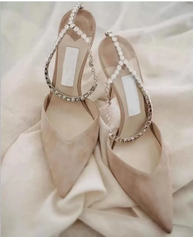 women Sandals Luxurious Ladies Bing Dress Shoes Pumps Women's High Heels Crystals Ankle Strap Point Toe rhinestone Embellishment Sandals Elegant Wedding With Box