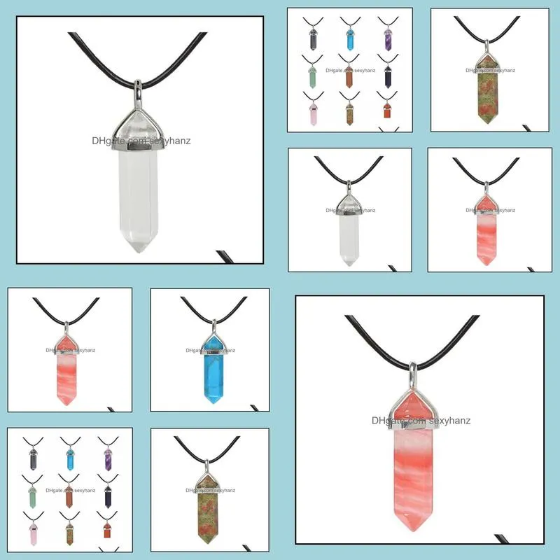 Natural stone Hexagonal Tiger Eye Stone Opal Pink Quartz Crystal Pendant Necklaces for Women Reiki Heal Crystal Pendulum Charms Leather Rope