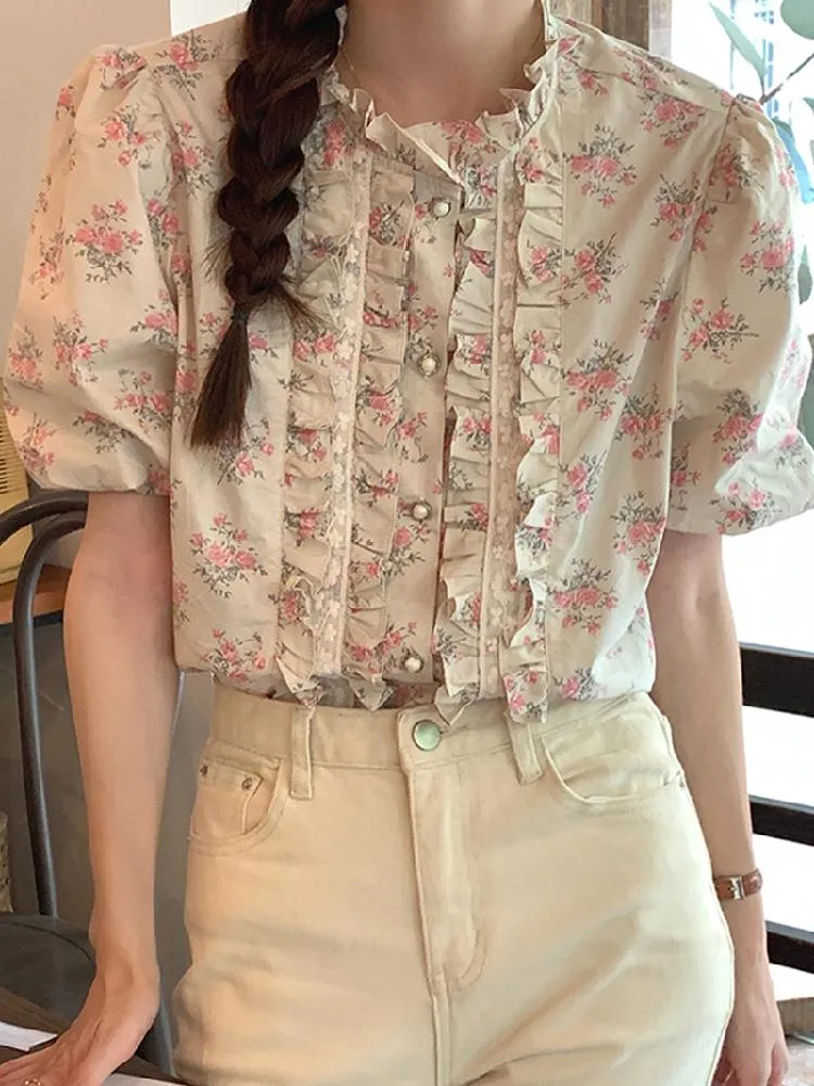 Женские блузкие рубашки Женские корейские шикарные летние французские сладкие воротнички отделаны жемчужными пряжками