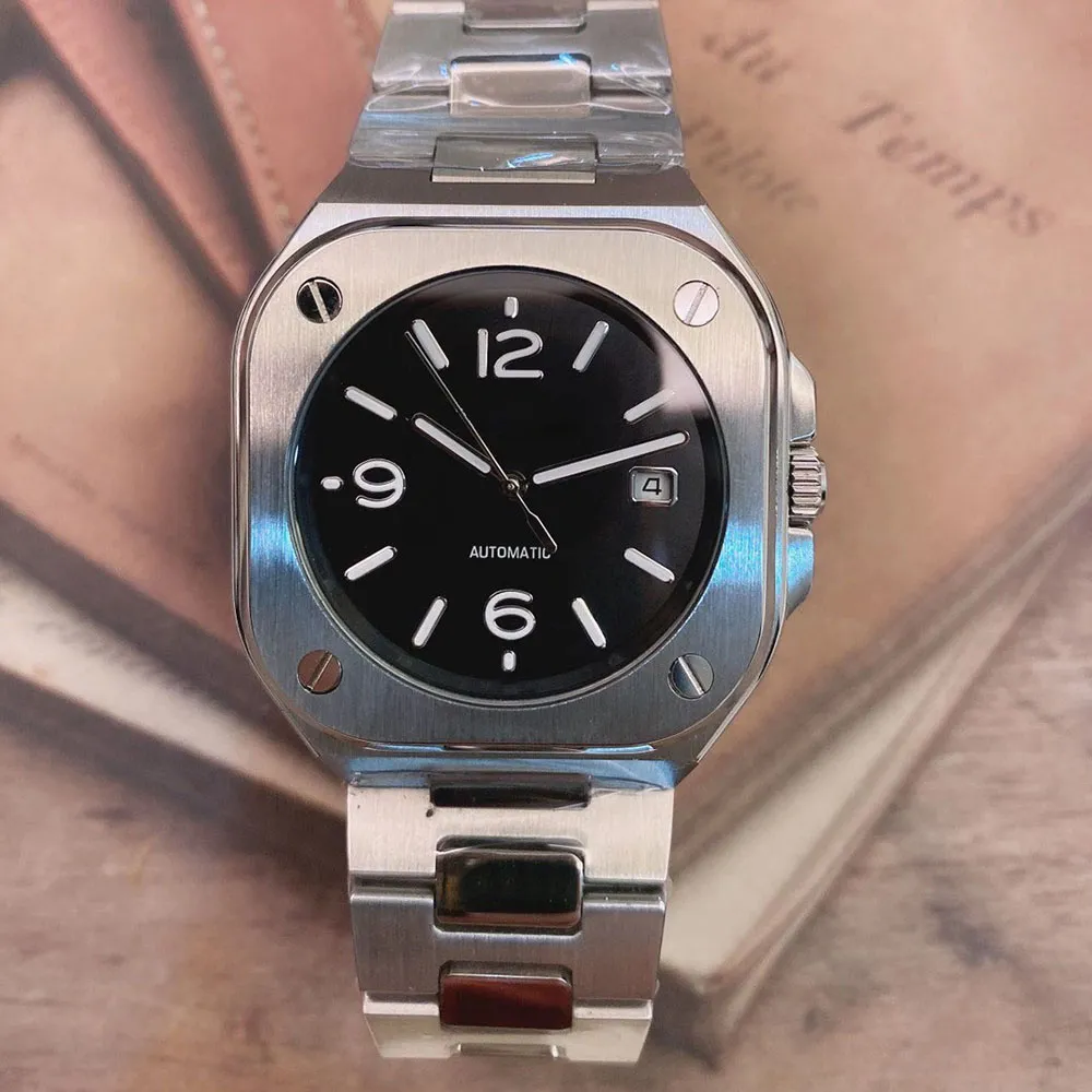 Relógios masculinos mecânicos automáticos de aço mostrador preto com pulseira de aço inoxidável 904L 05 Date Squar Case Limited