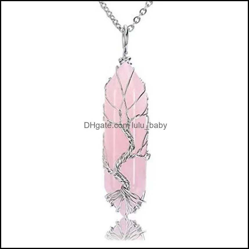 andmade copper wire wrapped tree of life necklace natural stone pink crystal amethyst pillar gem pendant necklace jewelry