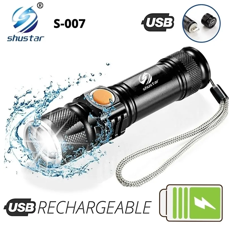 Leistungsstarke LED-Taschenlampe mit USB-Ladekopf, zoombar, wasserdicht, tragbare Lampe, 3 Beleuchtungsmodi, eingebauter Akku 220601