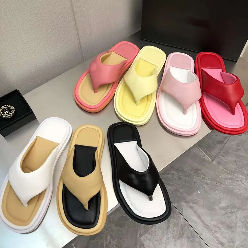 Women Designer Leather Slides Platform Sandal Beach Flip Flops New Summer Comfort Bules Flat Slipper 35-42 مع Box No357