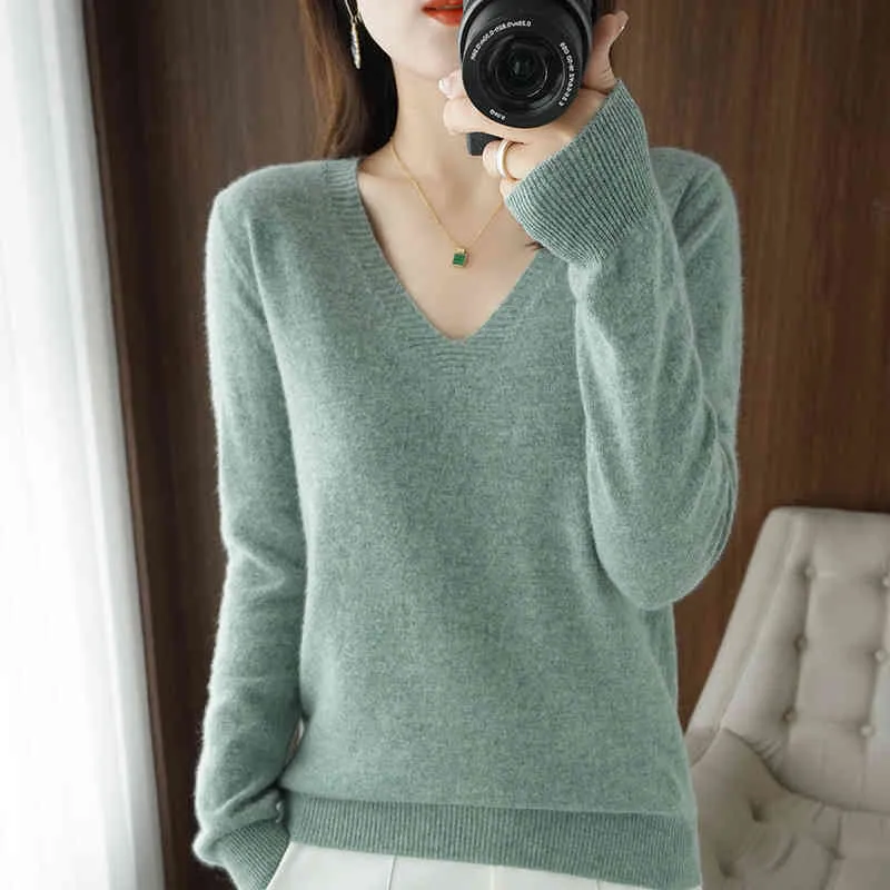 Autumn Winter New Cashmere Sweater Women Keep Warm V-neck Pullovers Knitting Fashion Korean Long Sleeve Loose