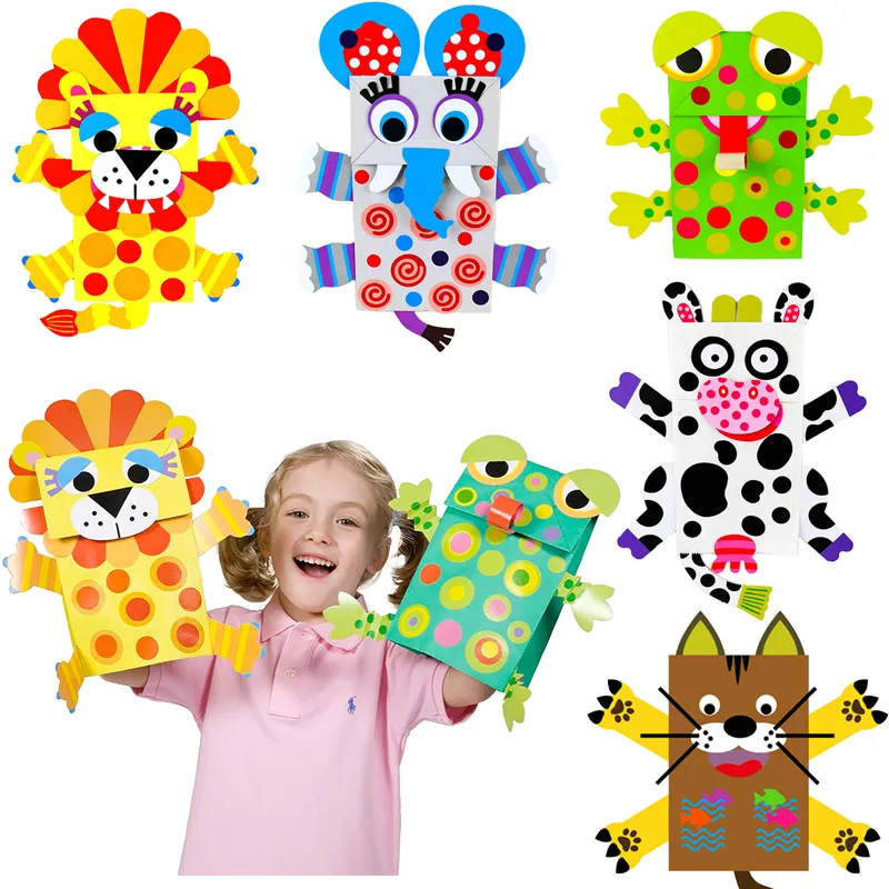 4pcs Wholeslae Paper Bage Puppets Kids Art Craft Activity Multicolor Cartoon Hand Hand Diy Making Kits Learning Toys Gift
