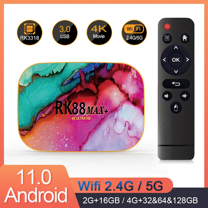 RK88max Plus Android 11 TV Box RockChip RK3318 4K 1080p 2,4G5GHZ WiFi 4GB 128GB USB3.0 BT4 Smart TV Media Player