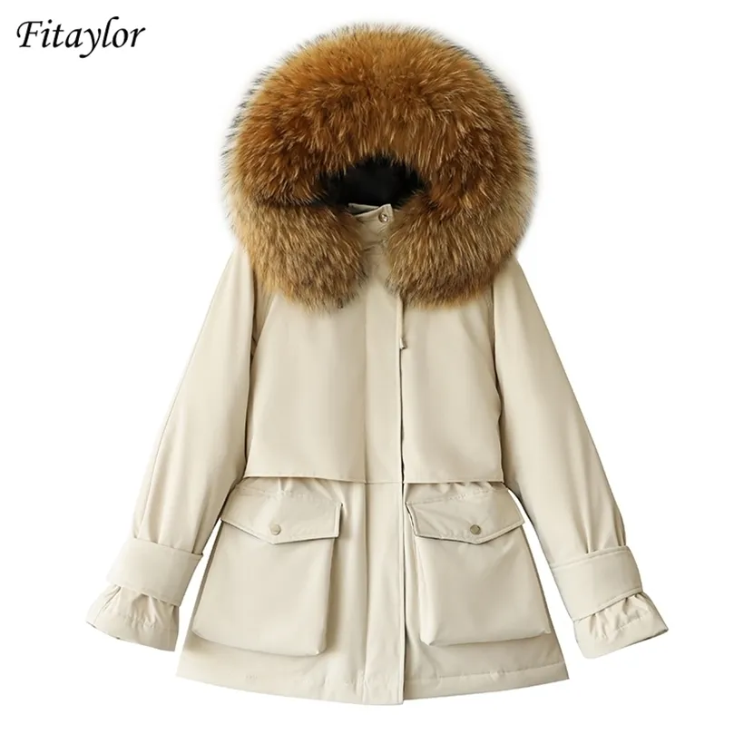 Fitaylor Winter Large Natural Fur Hooded Down Jacket Women Thick Warm Snow Beige Outerwear White Duckダウンコート調整可能なウエスト201128