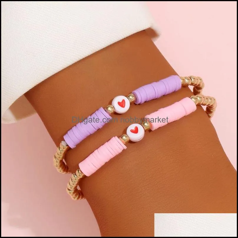 Summer Beach Style CCB Beads Polymer Clay Disc Strands Red Hearts Bracelet for Women Gift Wholesale 2pcs/set