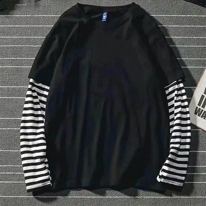 Korean Harajuku Black White Striped Hip Hop T-shirts Men Women Autumn Long Sleeve Fake Two-piece T Shirt Solid Clothes Tshirt 220507