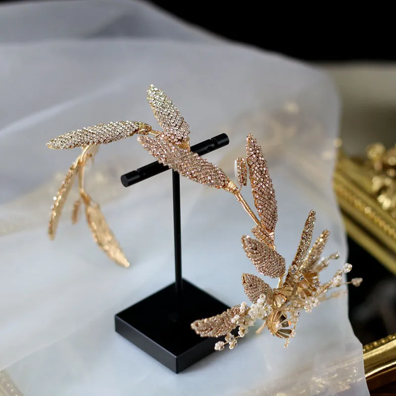 Bride Elegant crystal Hairband earrings Gold Retro Leaves Head piece Luxury Wedding hair Accessories 0615