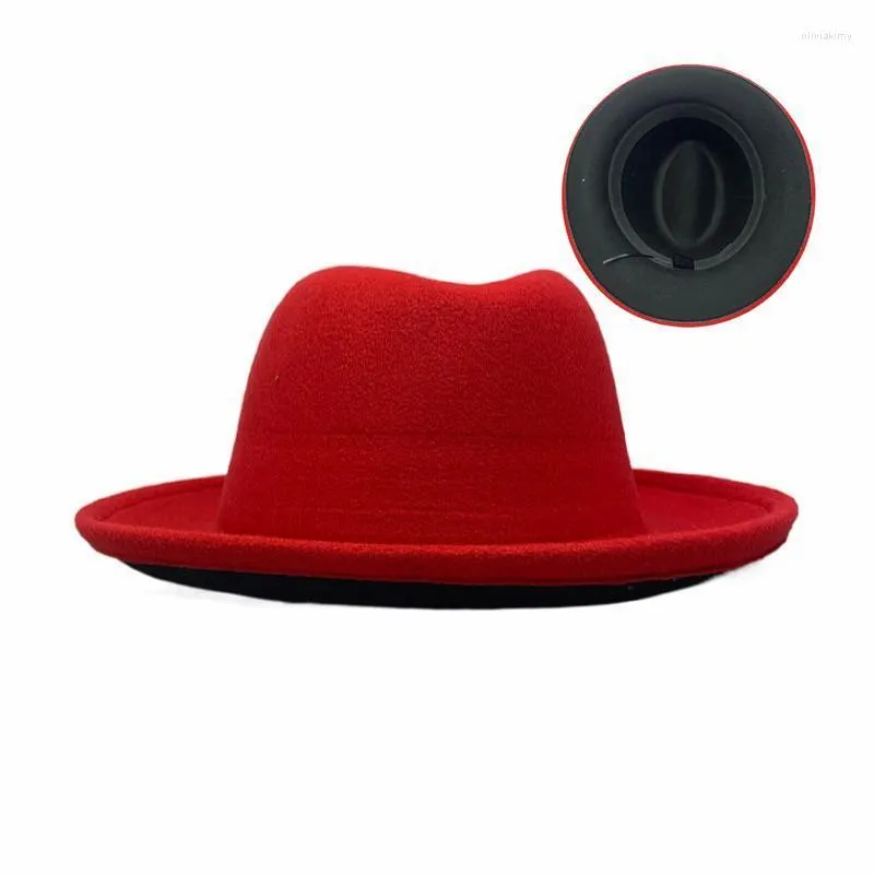 Szerokie brzegowe czapki zima czerwona czarna patchwork zaciskanie wełny Jazz Fedora Panama Trilby Cap