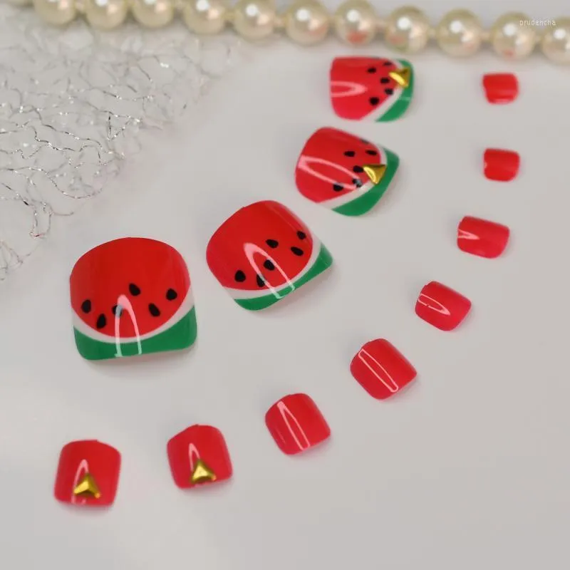 False Nails Sweet Watermelon Summer Fake Toenails Stick On For Foot Artificial Acrylic Toes With Design 24pcs Prud22