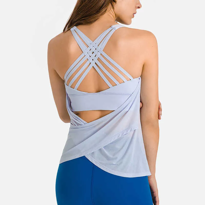 Tops sem mangas femininos com alça cruzada Sutiã esportivo encobrir conjunto de duas peças nas costas para corrida versátil Fitness Yoga Camisa Roupas de ginástica Treino casual