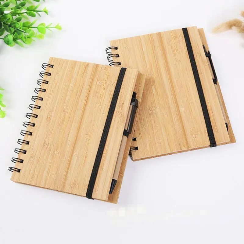 New Wood Bamboo Cover Notebook Spiral Notepad With Pen 70 sheets recycled lined paper Gifts Travel Journal LX9079