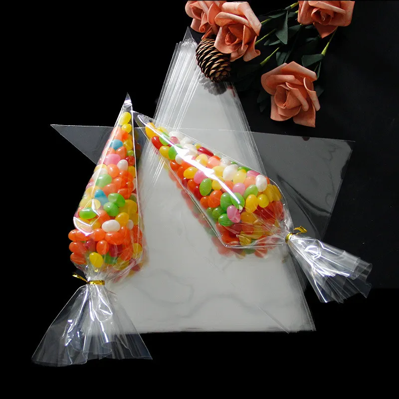 50 pz / lotto fai da te sacchetto di caramelle bomboniere decorazione festa di compleanno dolce cellophane trasparente cono di stoccaggio con sacchetti di organza 220815