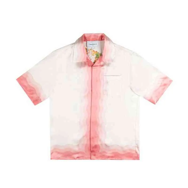 Casablanca 24ss Mężczyźni zestawy Kapalia Hawaiian Satin Flower Gradient Różowa koszula z krótkim rękawem