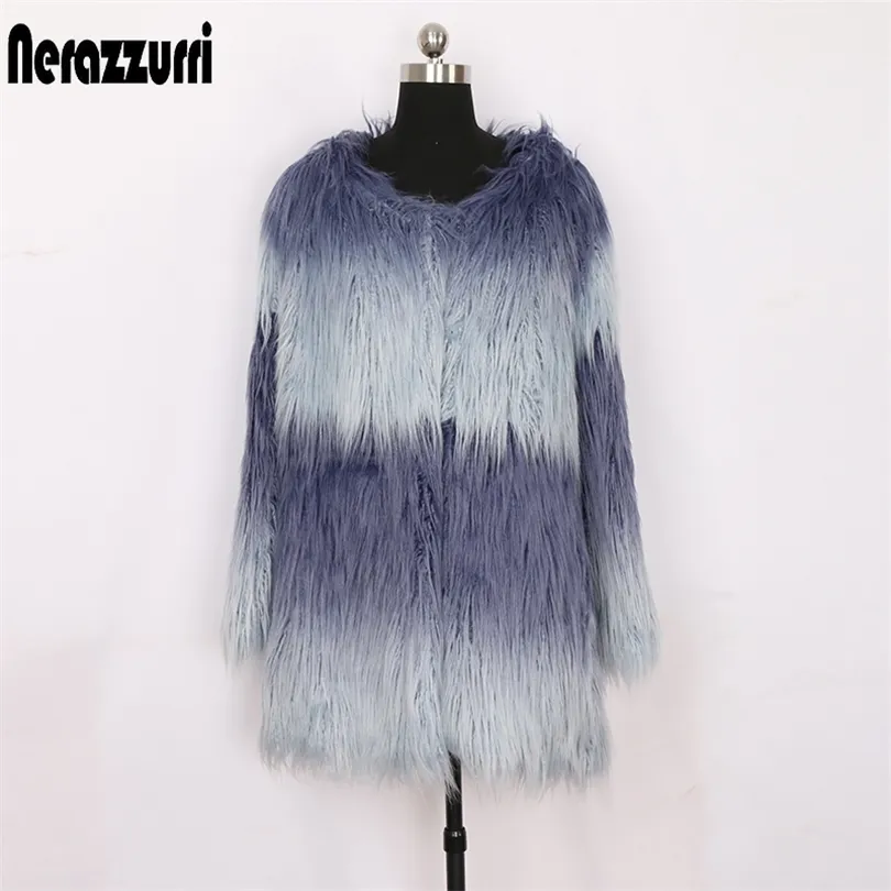 Nerazzurri Gradient Faux Fur Jacket Женщины теплые пушистые монгольские меховые куртки для женщин для женщин Женские зимние куртки и пальто 201016