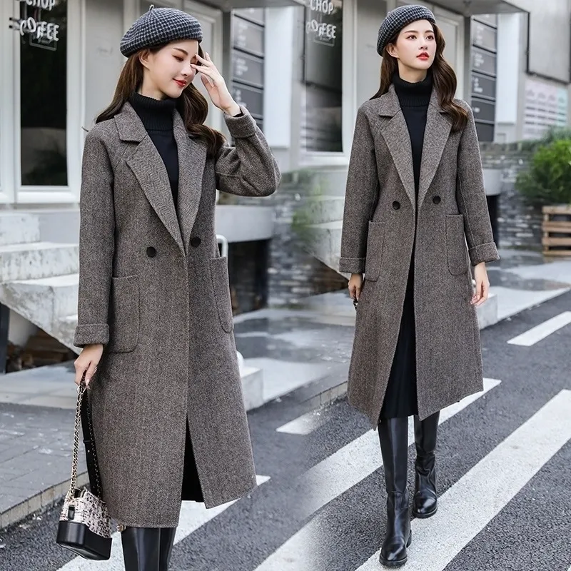 Korea long coat for fashion Woolen Loose Coat Long Selfcultivation notched collar long sleeve topcoat with belt YH71 201102 Korea long coat for fashion Woolen Loose Coat Long Selfcultivation notched collar long sleeve topcoat with belt YH71 201102