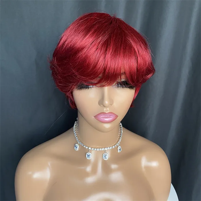 Cabelo curto reto Pixie Corte 100% Human Human Brasy Remy Hair for Black Women Full Machine feita com franja